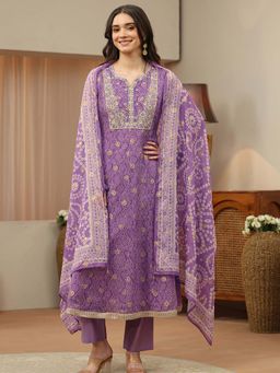 Libas - Purple Printed Round Neck Anarkali Kurta Pant with Dupatta