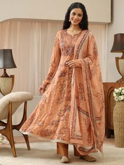 Libas - Orange Floral Round Neck Anarkali Kurta Pant with Dupatta