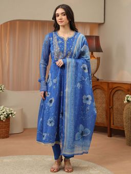 Libas - Blue Floral Round Neck Anarkali Kurta Pant with Dupatta