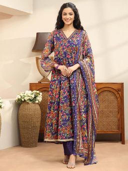 Libas - Purple Floral V-Neck Anarkali Kurta Pant with Dupatta
