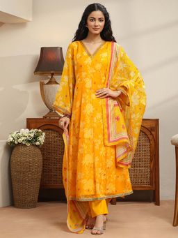 Libas - Yellow Floral V-Neck Anarkali Kurta Pant with Dupatta