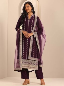 Libas - Wine Embroidered Mandarin Neck Kurta Pant with Dupatta