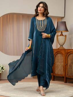 Gerua By Libas - Teal Embroidered Round Neck Kurta Pant with Dupatta