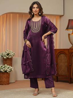 Gerua By Libas - Burgundy Embroidered Round Neck Kurta Pant with Dupatta