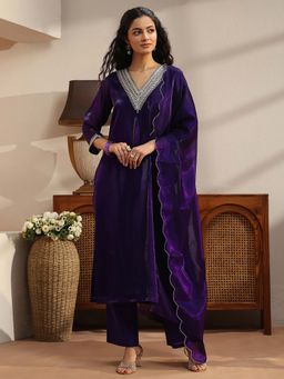 Gerua By Libas - Purple Embroidered Round Neck Kurta Pant with Dupatta