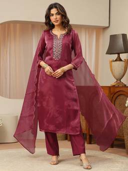 Gerua By Libas - Maroon Embroidered Round Neck Kurta Pant with Dupatta