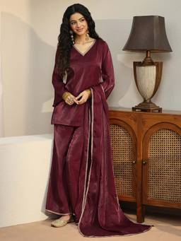Gerua By Libas - Maroon Solid/Plain V-Neck Co-ord Set