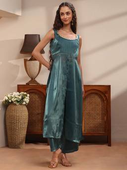 Gerua By Libas - Teal Solid Front Slit A-Line Kurta Set