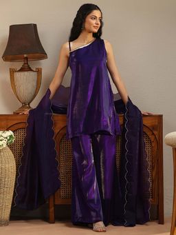 Gerua By Libas - Purple Solid/Plain One Shoulder Kurti Palazzo with Dupatta