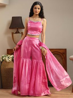 Gerua By Libas - Pink Solid/Plain Shoulder Straps Top Sharara with Dupatta