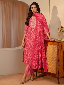 Gerua By Libas - Pink Printed Round Neck Kurta Pant with Dupatta