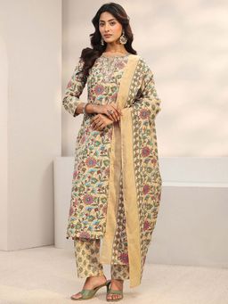Gerua By Libas - Beige Floral Round Neck Kurta Pant with Dupatta