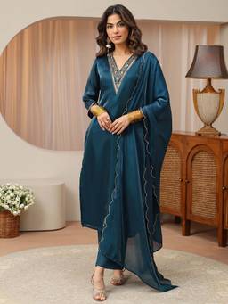 Gerua By Libas - Blue Embroidered V-Neck Kurta Pant with Dupatta