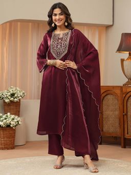 Gerua By Libas - Maroon Embroidered Round Neck Kurta Pant with Dupatta