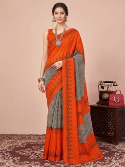 Akhilam - Women's Bhagalpuri Silk Orange Printed Designer Exclusive Saree