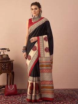 Akhilam - Women's Bhagalpuri Silk Black Printed Designer Exclusive Saree