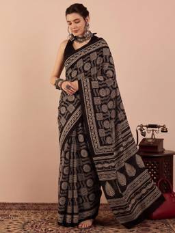 Akhilam - Women's Bhagalpuri Silk Black Printed Designer Exclusive Saree