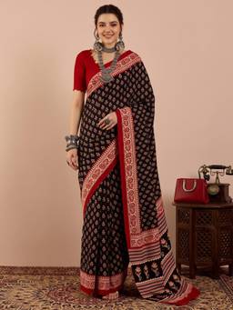 Akhilam - Women's Bhagalpuri Silk Black Floral Printed Designer Exclusive Saree