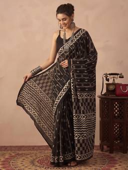 Akhilam - Women's Bhagalpuri Silk Black Printed Designer Exclusive Saree
