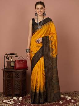Akhilam - Women's Bhagalpuri Silk Yellow Printed Designer Exclusive Saree