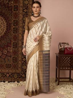 Akhilam - Women's Bhagalpuri Silk Off White Printed Designer Exclusive Saree