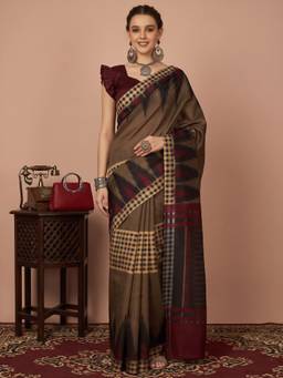 Akhilam - Women's Bhagalpuri Silk Brown Printed Designer Exclusive Saree