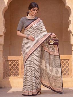 Akhilam - Women's Bhagalpuri Silk Cream Printed Designer Exclusive Saree