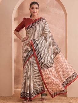 Akhilam - Women's Bhagalpuri Silk Cream Printed Designer Exclusive Saree
