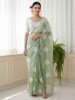 Akhilam - Women's Organza Olive Embroidered Designer Exclusive Saree