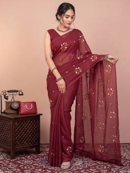 Akhilam - Women's Kota Doria Cotton Maroon Embroidered Exclusive Saree