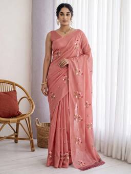 Akhilam - Women's Kota Doria Cotton Peach Embroidered Exclusive Saree