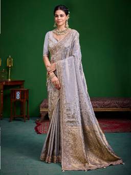 KRISHREE - Grey Tissue Floral Jaal Zari Border and Designer Pallu Saree