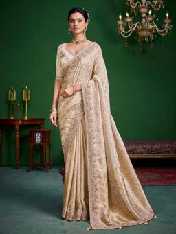 KRISHREE - Cream Tissue Floral Jaal Embellished Border and Designer Pallu Saree