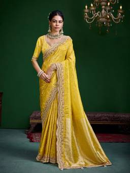 KRISHREE - Yellow Floral Jacquard Pattern Embellished Border and Designer Pallu Saree