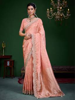 KRISHREE - Peach Floral Jacquard Pattern Embellished Border and Designer Pallu Saree