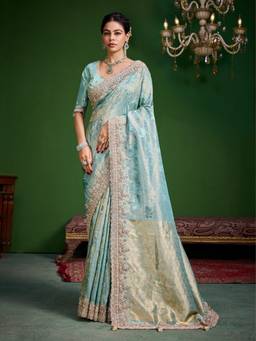 KRISHREE - Aqua Floral Woven Pattern Embellished Border and Designer Pallu Saree