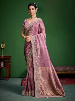 KRISHREE - Mauve Floral Woven Pattern Embellished Border and Designer Pallu Saree
