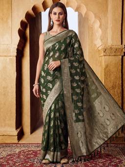 Akhilam - Women's Georgette Green Woven Design Designer Festive Exclusive Saree