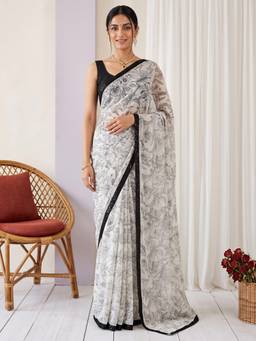 Akhilam - Women's Georgette Off White Floral Printed Designer Exclusive Saree