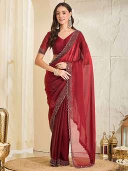 Sareemall - Women's Satin Maroon Embellished Designer Festive Exclusive Saree