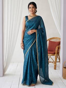 Akhilam - Women's Satin Teal green Embellished Designer Exclusive Saree