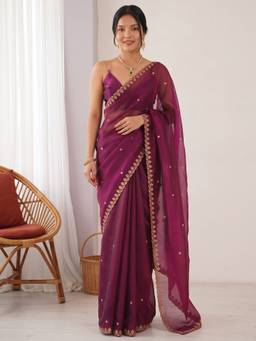 Akhilam - Women's Paper Silk Magenta Zari Embroidered Exclusive Saree