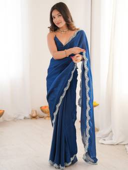 Sareemall - Women's Silk Blend Navy Blue Embellished Designer Festive Exclusive Saree