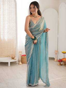 Sareemall - Women's Silk Blend Light Blue Embellished Festive Exclusive Saree