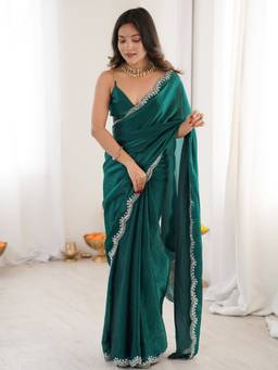 Sareemall - Women's Silk Blend Teal Embellished Festive Exclusive Saree