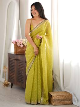 Akhilam - Women's Silk Blend Lime Green Zari Embroidered Exclusive Saree