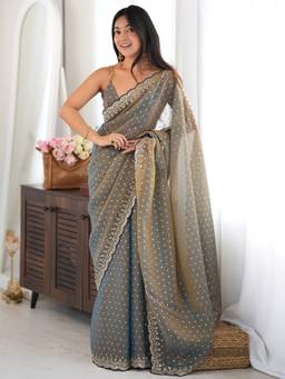 Akhilam - Women's Silk Blend Grey Zari Embroidered Designer Exclusive Saree