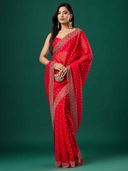 Sareemall - Women's Silk Blend Red Embellished Designer Festive Exclusive Saree