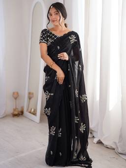Sareemall - Women's Satin Black Embellished Designer Festive Exclusive Saree