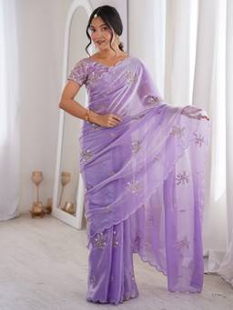 Sareemall - Women's Satin Lavender Embellished Designer Festive Exclusive Saree